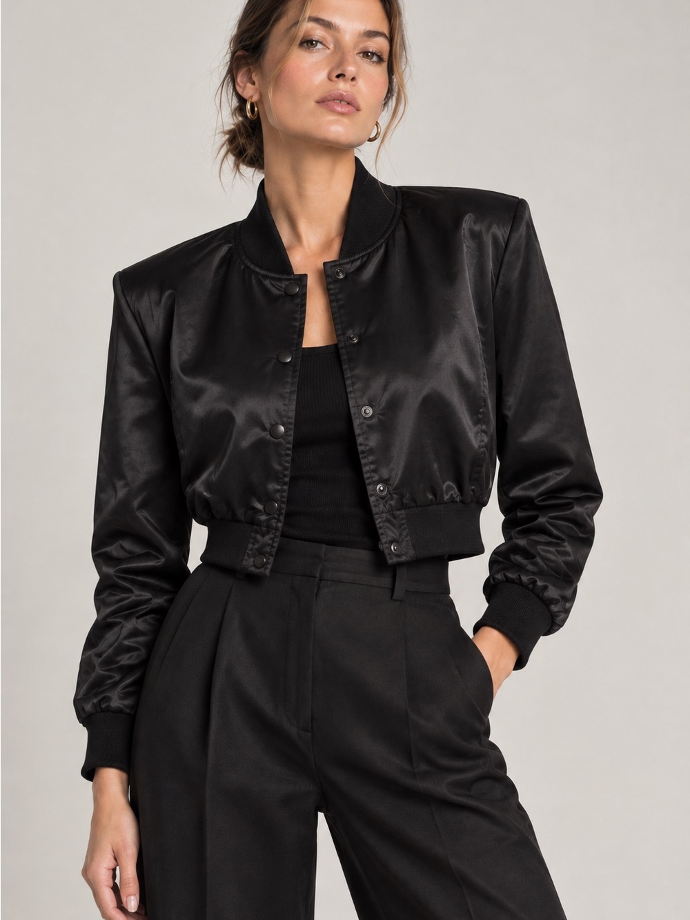 Zara Black Cropped Satin Bomber Jacket